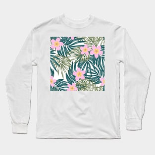 Tropical Leaves & Pink Flowers, Long Sleeve T-Shirt